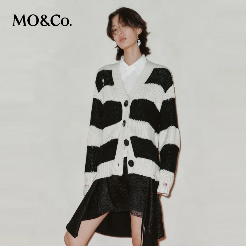 【陈嘉尔专属】【绵羊毛×山羊绒】MOCO春破洞条纹毛织外套MBD1CART01