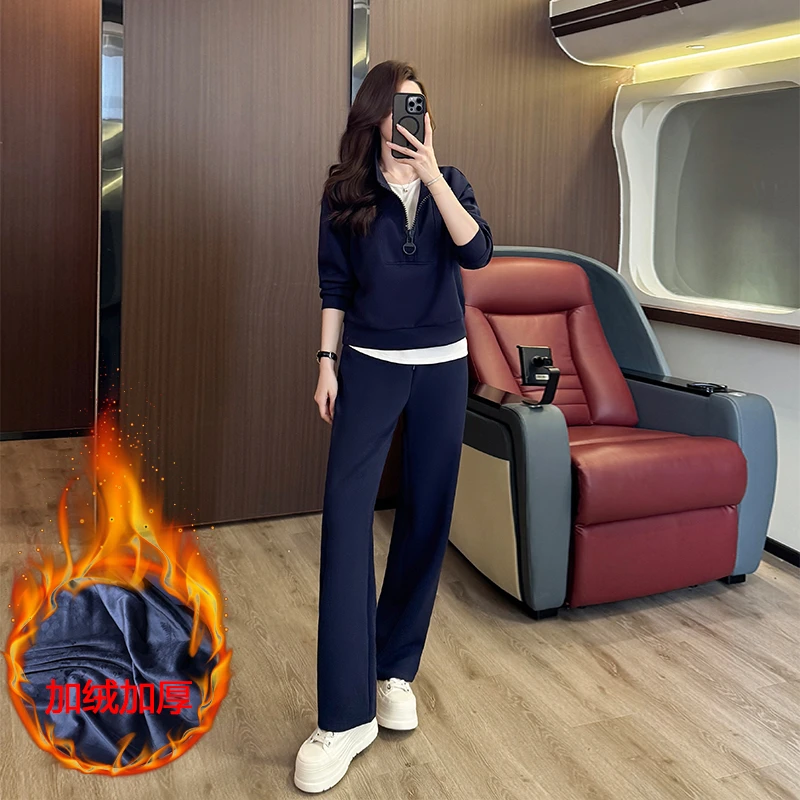 网红炸街洋气女装时尚宝蓝色连帽开衫上衣阔腿裤休闲运动套装潮