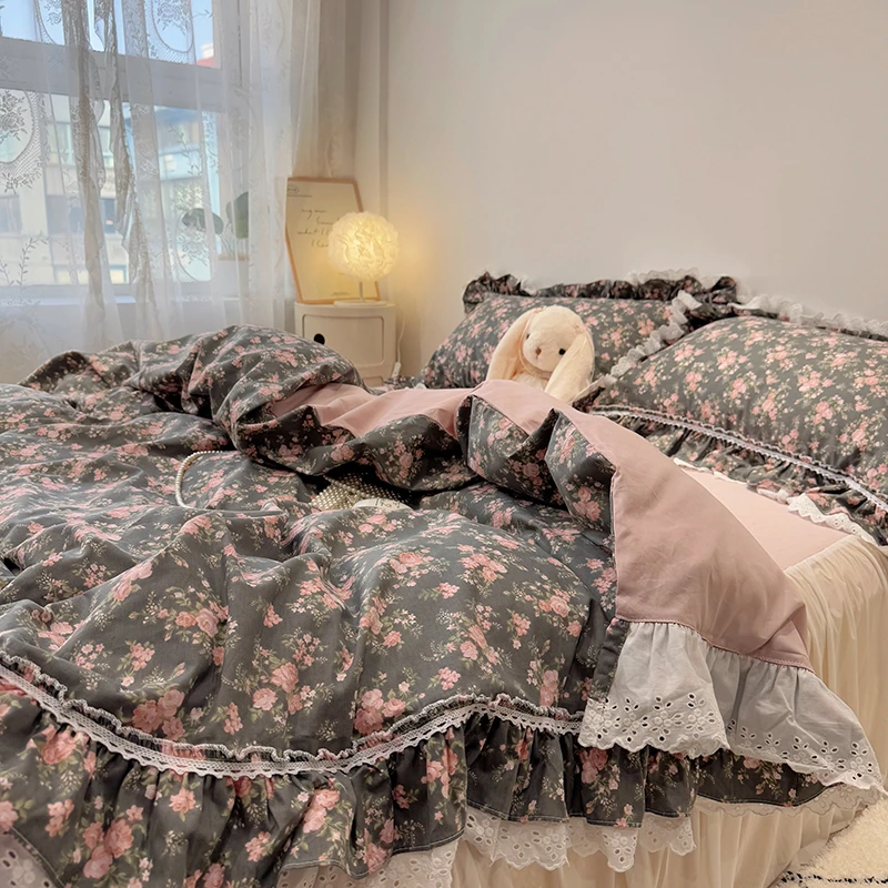 法式全棉花边床裙款四件套INS’小碎花亲肤被套床单三件套床上用品