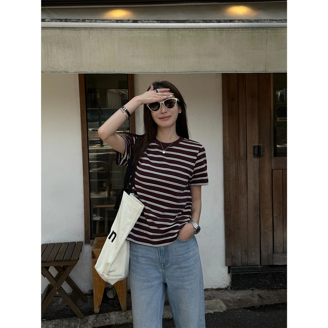 【岛屿手记】“紫条纹”高品质设计感拼色双色条纹圆领短袖上衣21677