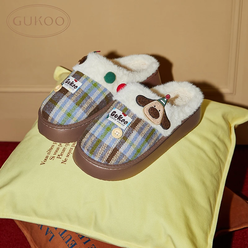 【Gukoo果壳】拖鞋女冬季派对小狗新款格子加绒保暖女士居家棉拖鞋