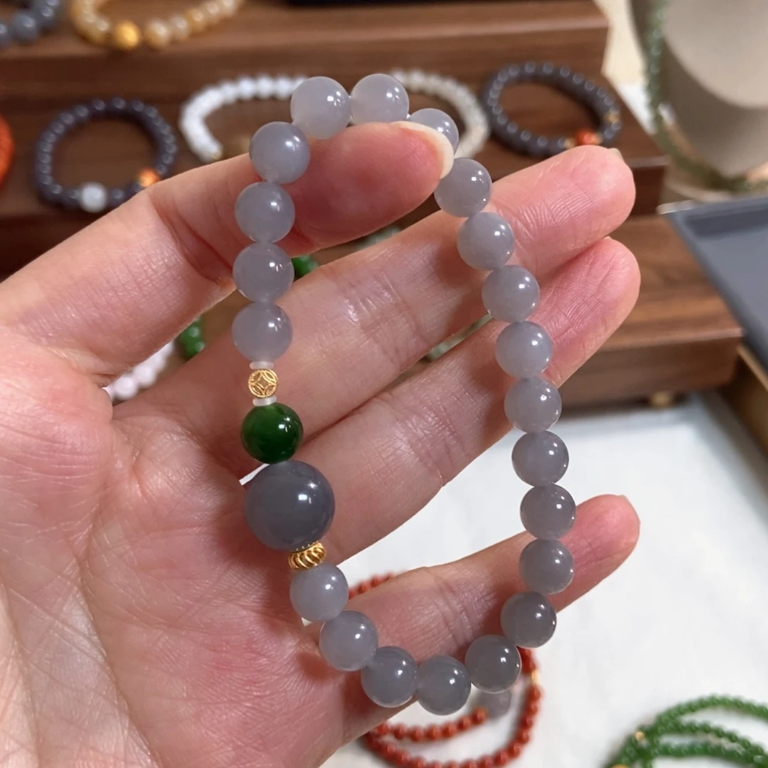 和田玉手链银S925镶嵌8mm冰烟紫