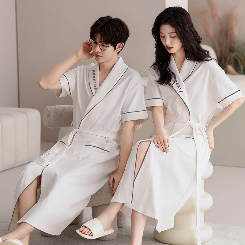 纯棉情侣睡袍夏季短袖男女系带晨袍中长款休闲浴袍式简约时尚夏款