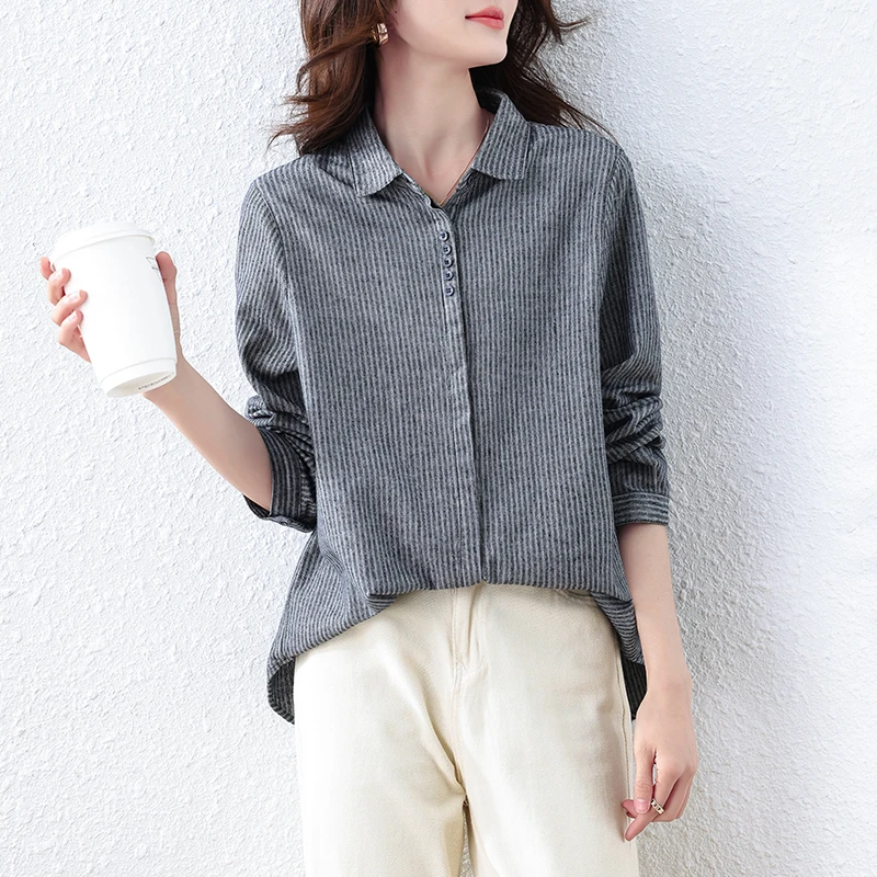 【女神新衣】竖条纹长袖衬衫女文艺复古春季衬衣