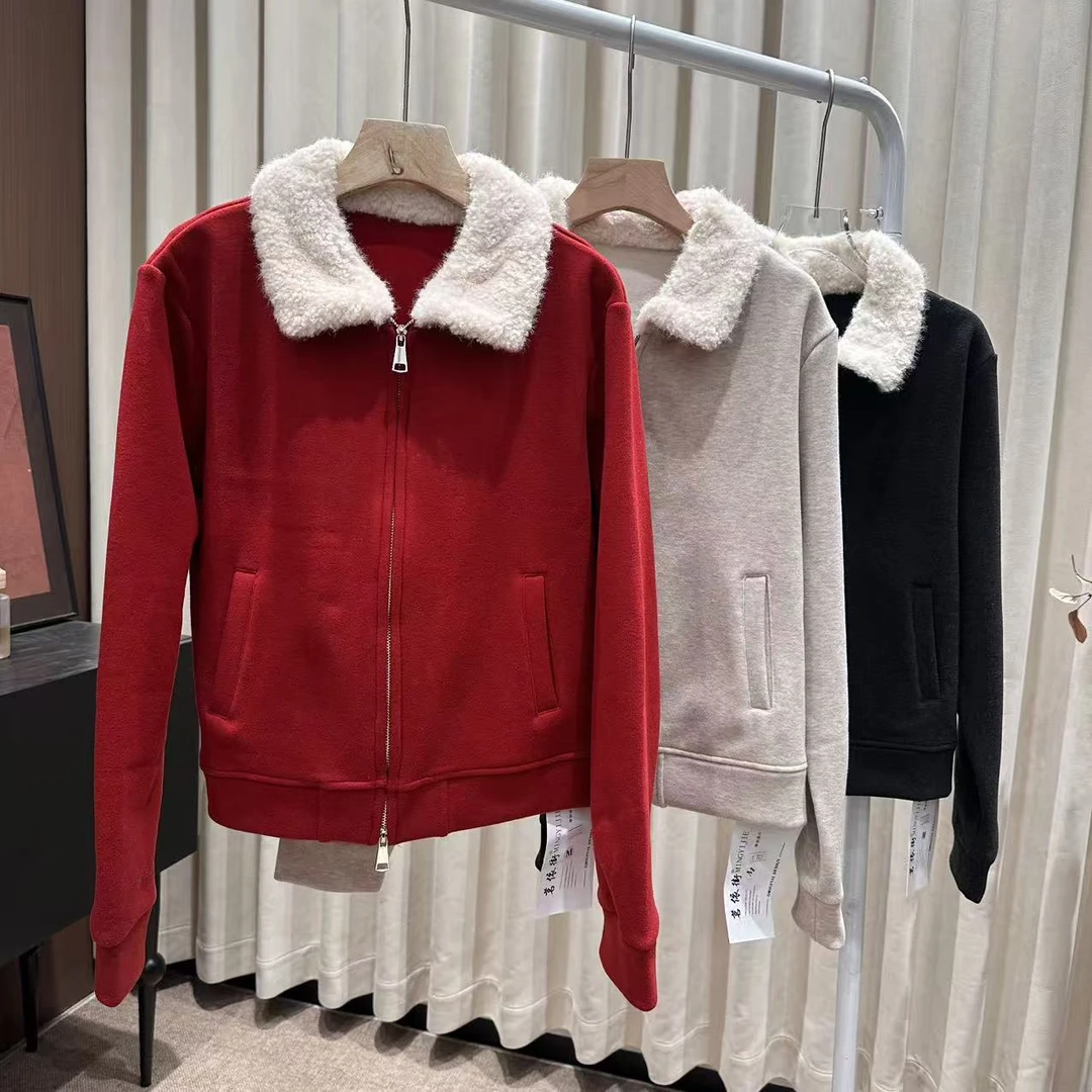 2025年冬季新款时尚弹力修身显瘦卫衣女洋气立领双拉链开衫短外套