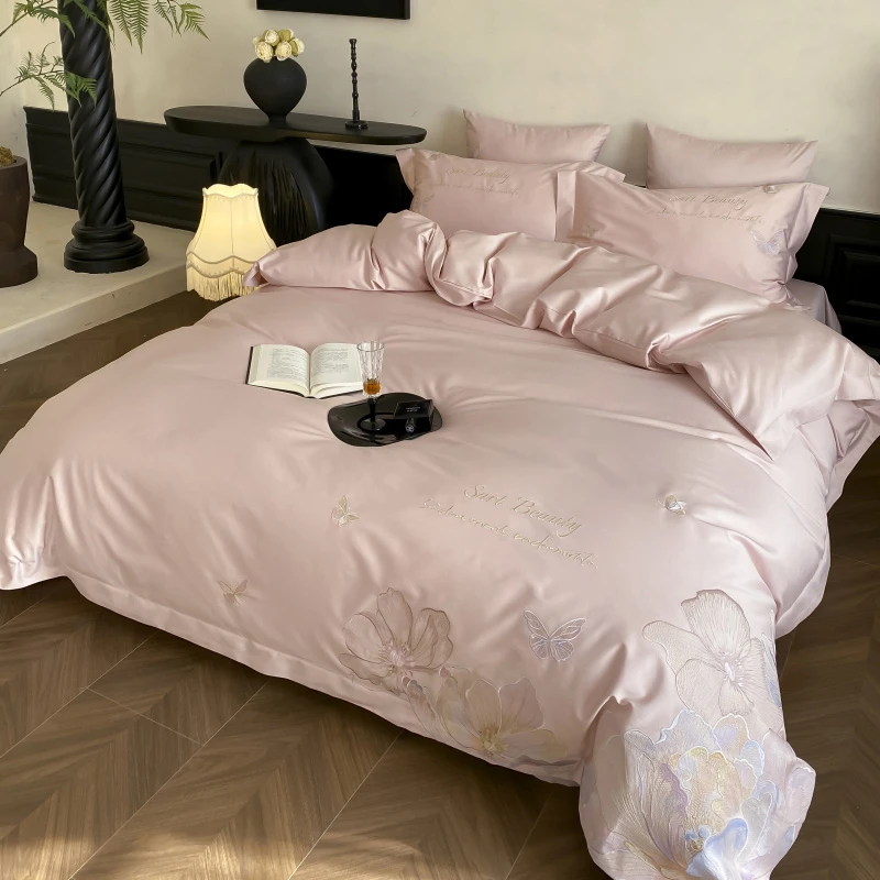 轻奢风全棉长绒棉四件套蝴蝶刺绣亲肤纯棉被套床笠床单款床上用品