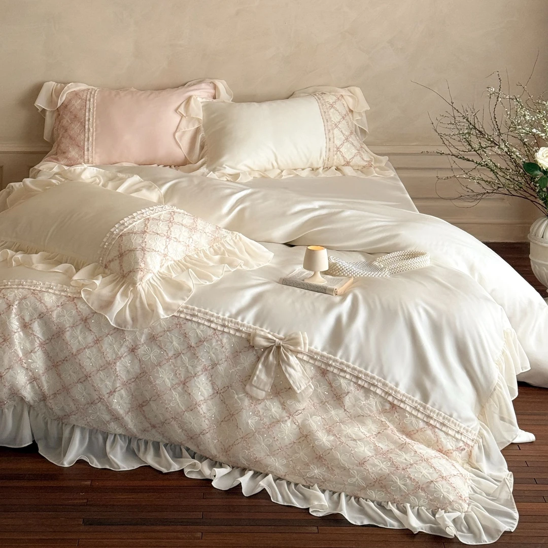 法式仙女莱赛尔天丝床上四件套公主风蕾丝花边凉感丝滑被套床单夏