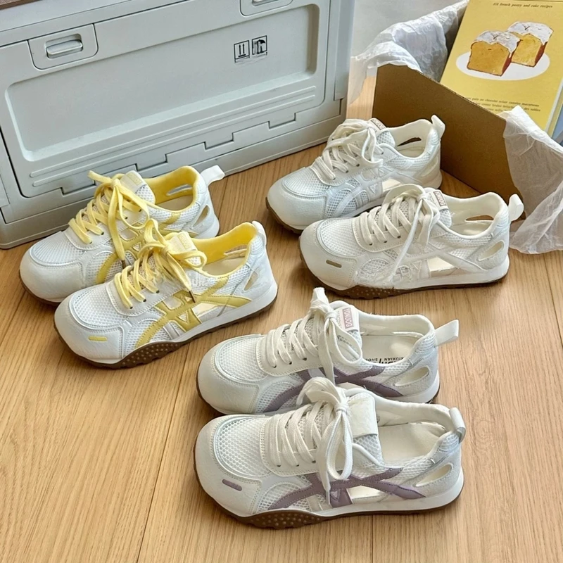 夏季新款厚底薄款拼色镂空德训鞋女士舒适增高百搭网面透气阿甘鞋