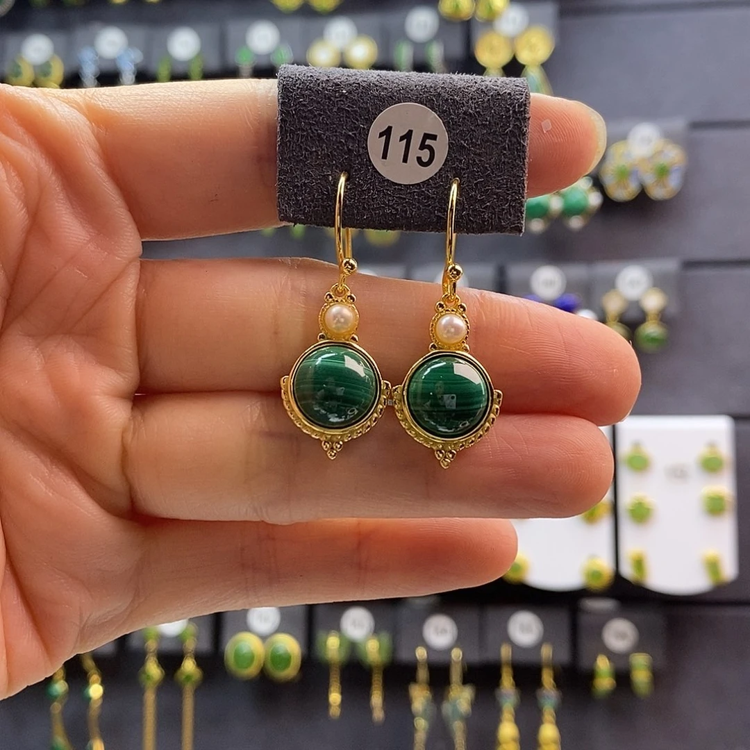 银S925镶嵌孔雀石耳饰通体纯银天然孔雀石耳环