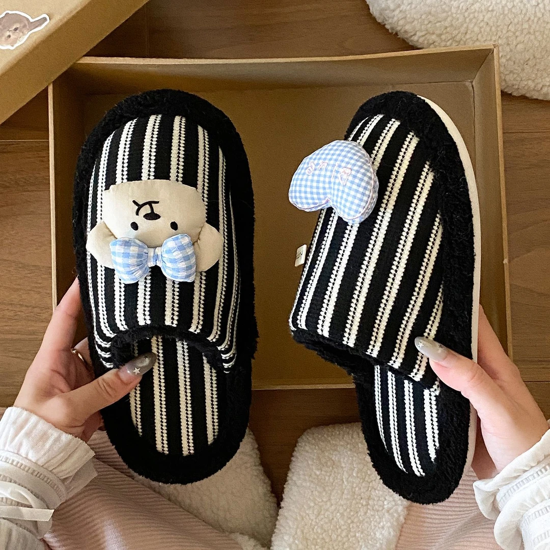 条纹小狗棉拖鞋女居家室内保暖PVC厚实轻便耐磨软底冬季拖鞋