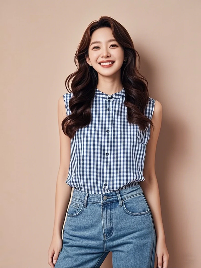 SS1080单排扣休闲格子衬衫别致设计感上衣夏流行叠穿无袖背心小衫