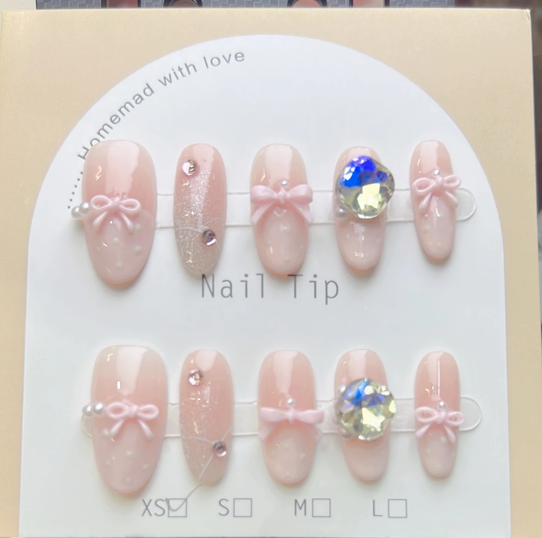 法式菱形格蝴蝶结气质显白纯手工穿戴甲