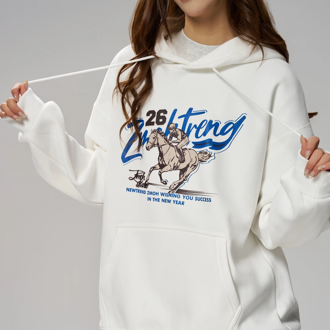 ZMOH休闲加绒连帽卫衣时尚百搭情侣宽松印花潮流秋冬套头白色