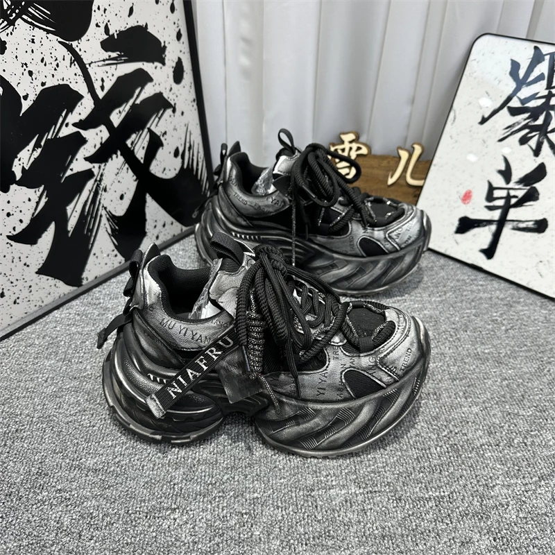 女鞋网红舒适时尚百搭透气黑色春季ins厚底韩版系带秋季潮流潮鞋