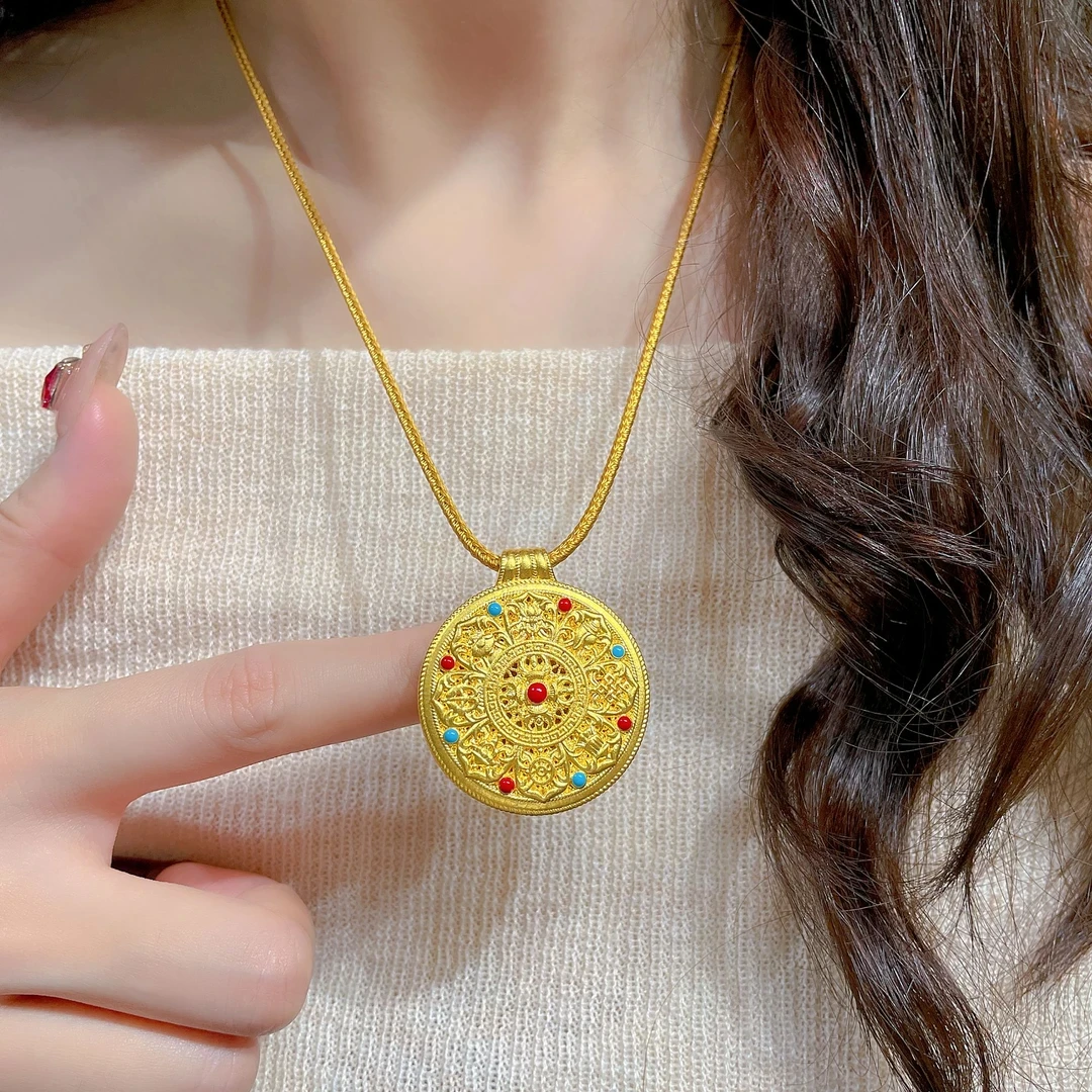 瑞诺黄金珐琅八宝罗盘吊坠女足金999罗盘锁骨项链生日礼物送女友