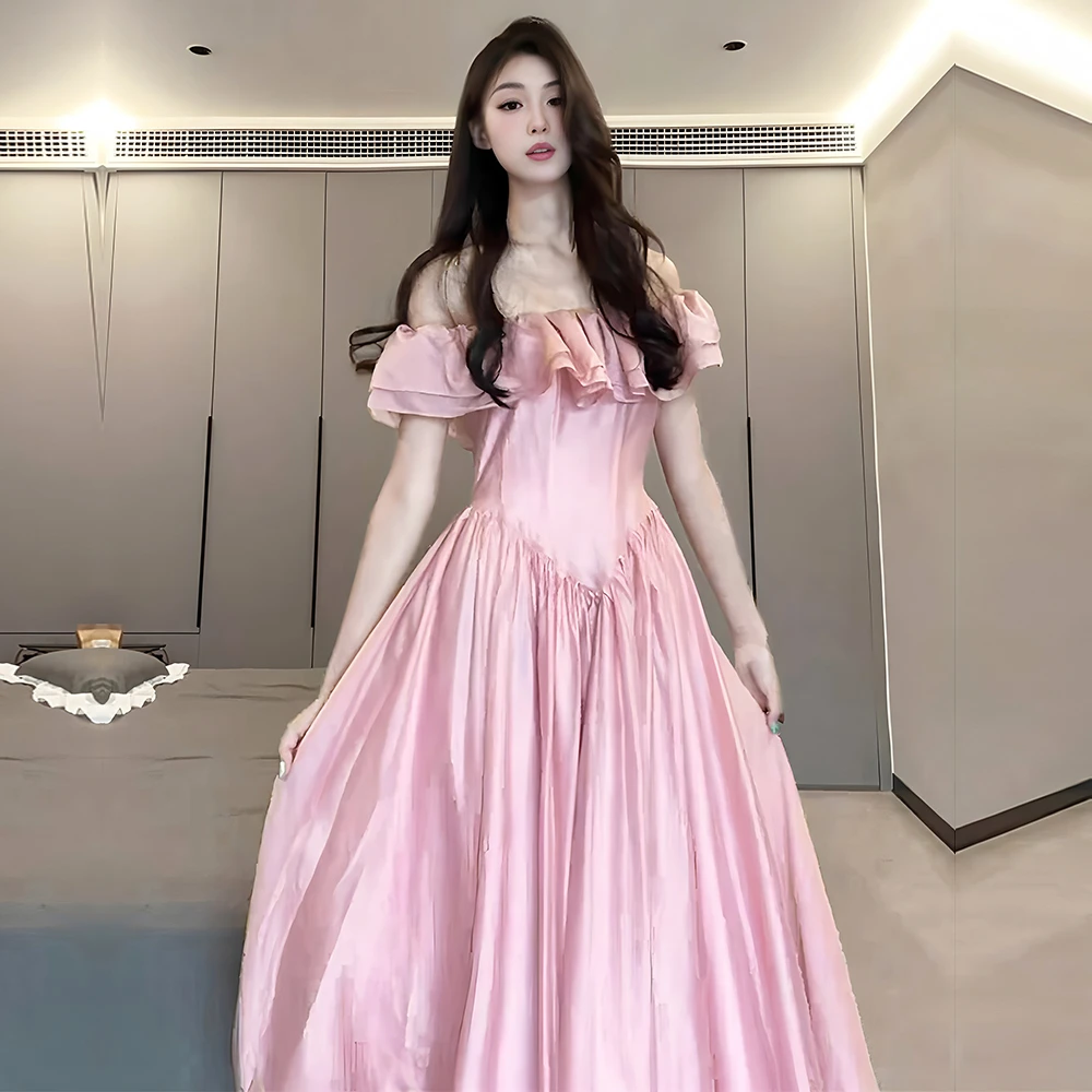 大码胖mm法式连衣裙装夏季收腰显瘦一字肩性感礼服多巴胺粉色长裙