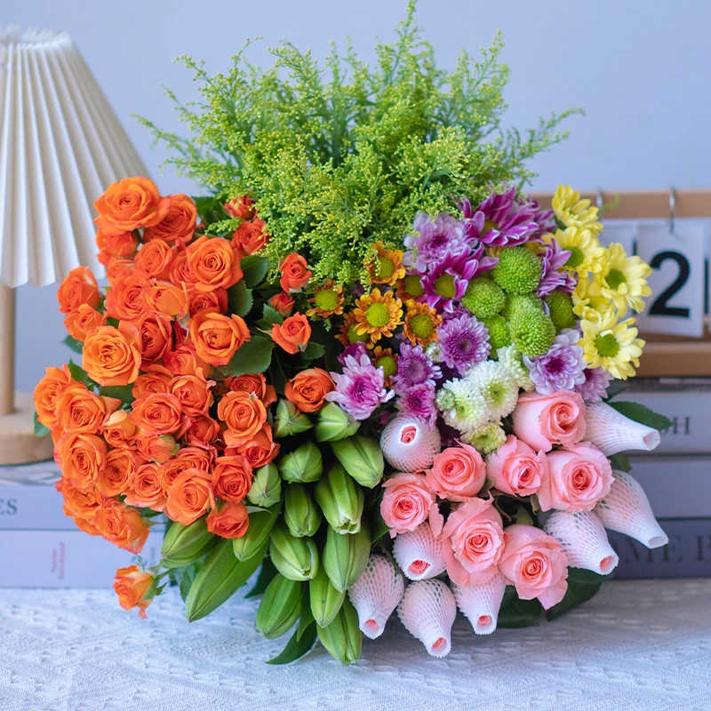 【基地鲜花】粉玫瑰10枝+香水百合10朵+多头玫瑰+混色小雏菊+配草