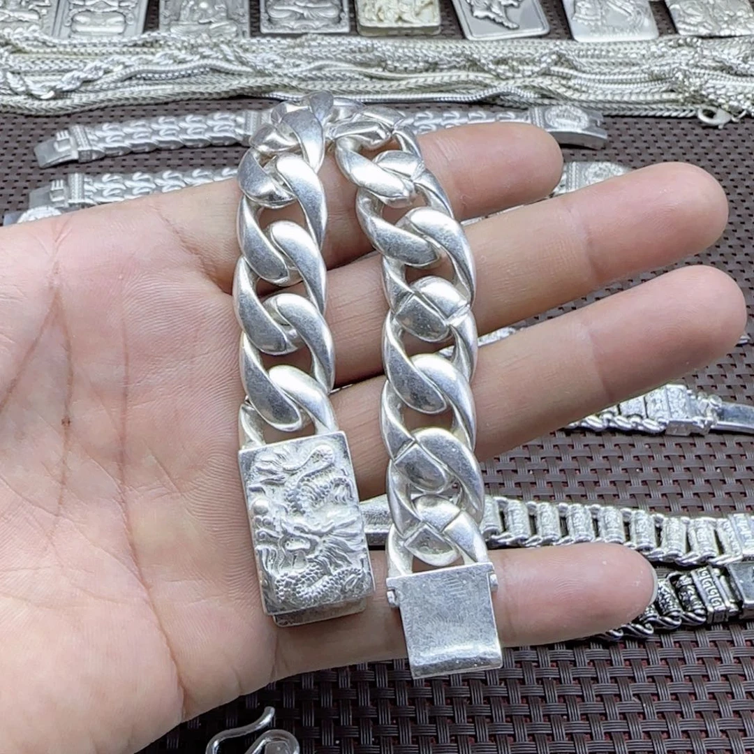 无合成金属老银S925龙手链