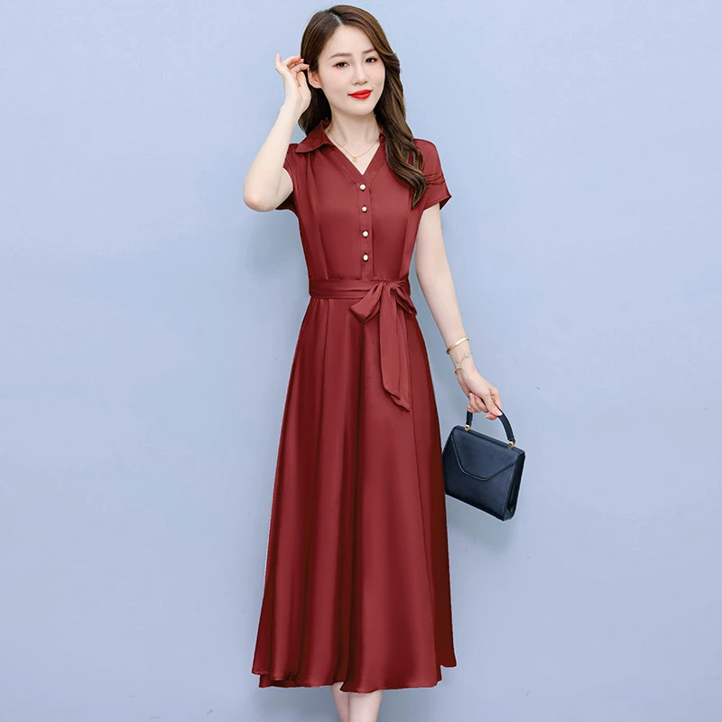 醋酸缎面短袖连衣裙气质显瘦2025夏季洋气遮肚纯色女装