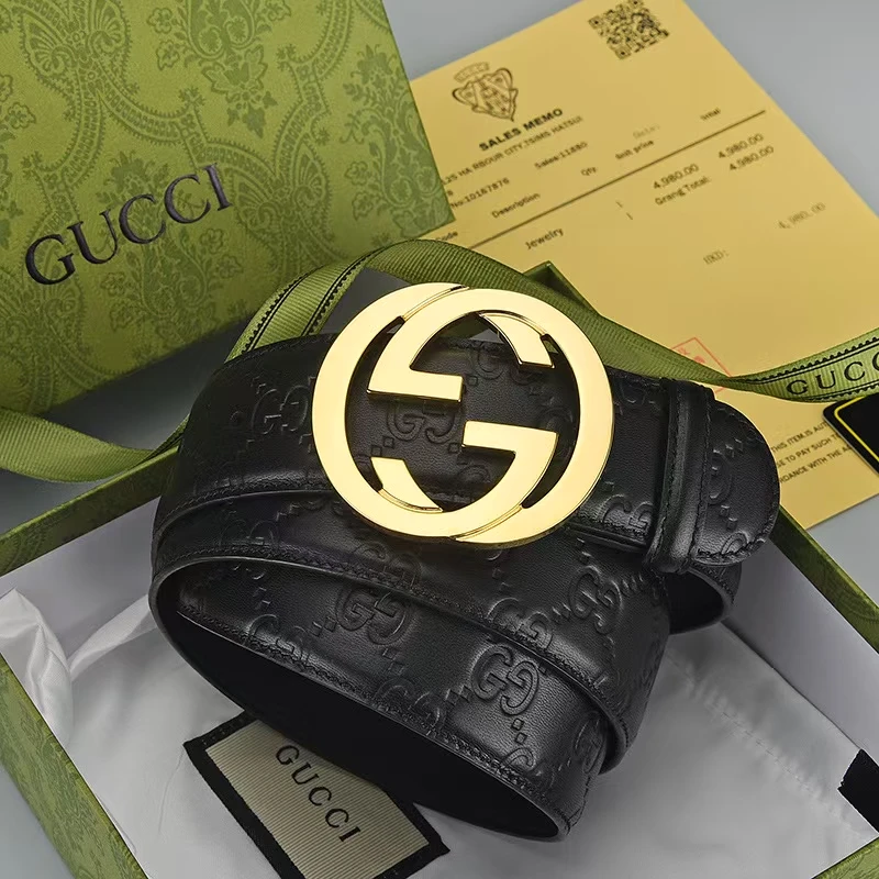 未拆封 GUCCI/古驰 【顺丰包邮】经典黑色荔枝纹双G腰带
