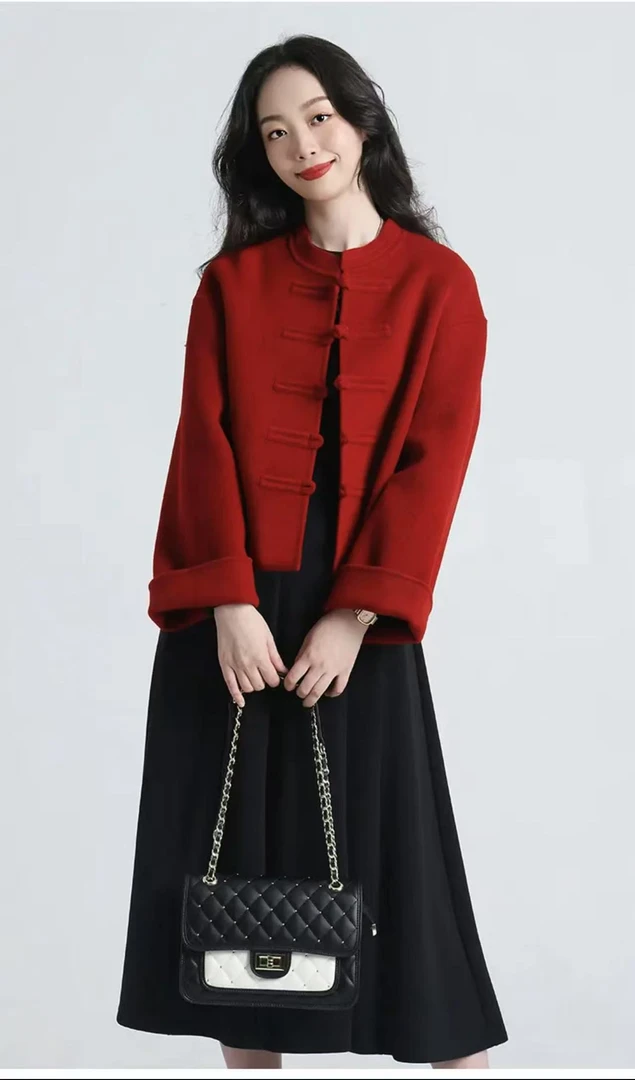 长袖女厚款纯色短款卷袖毛呢外套西装中国风大衣上衣气质时尚