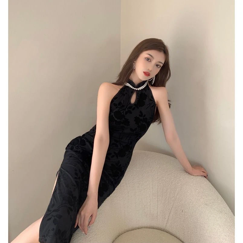 黑色旗袍改良连衣裙女夏季2025新款收腰包臀打底裙中长款开叉裙潮