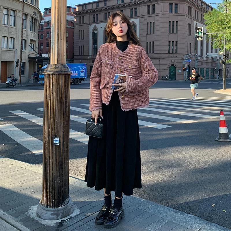 小香风流苏粗花呢外套连衣裙套装女春秋新款法式设计感长裙两件套