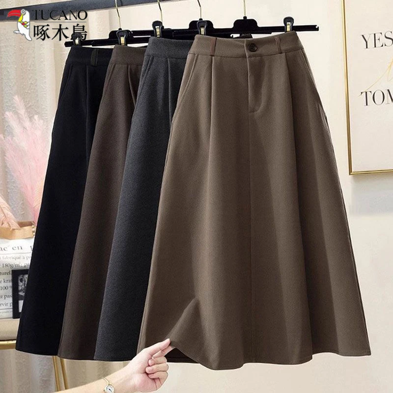 TUCANO/啄木鳥秋冬赫本风小个子气质伞裙显瘦中长款毛呢半身裙女