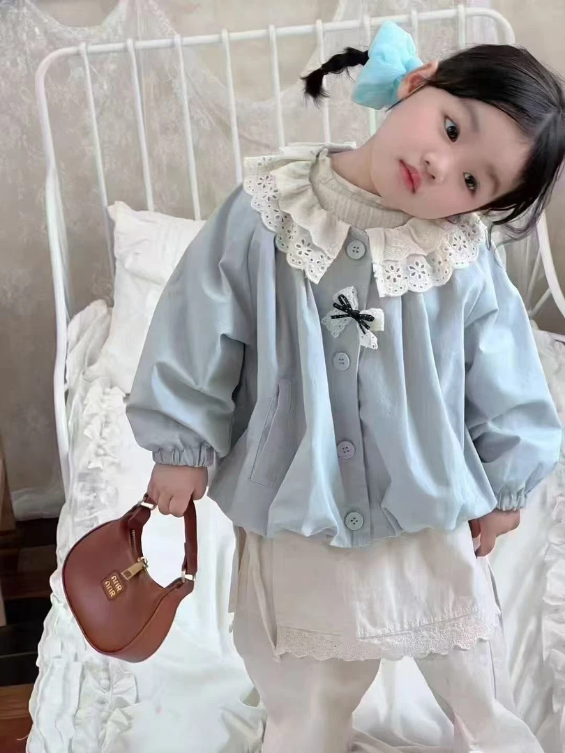 女童秋季新款2025韩版中小童时髦洋气蕾丝花边儿童翻领秋款外套