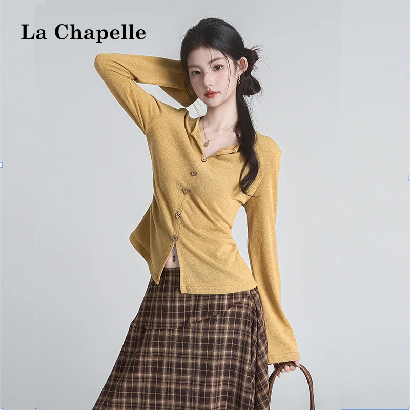 拉夏贝尔2025新款早秋季韩系高级感别致上衣修身气质v领长袖t恤女