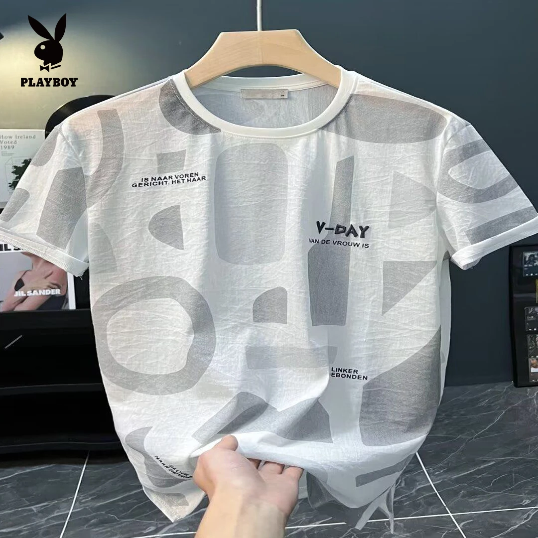 花花公子冰丝短袖T恤男士夏季2025圆领印花刺绣上衣修身透气百搭