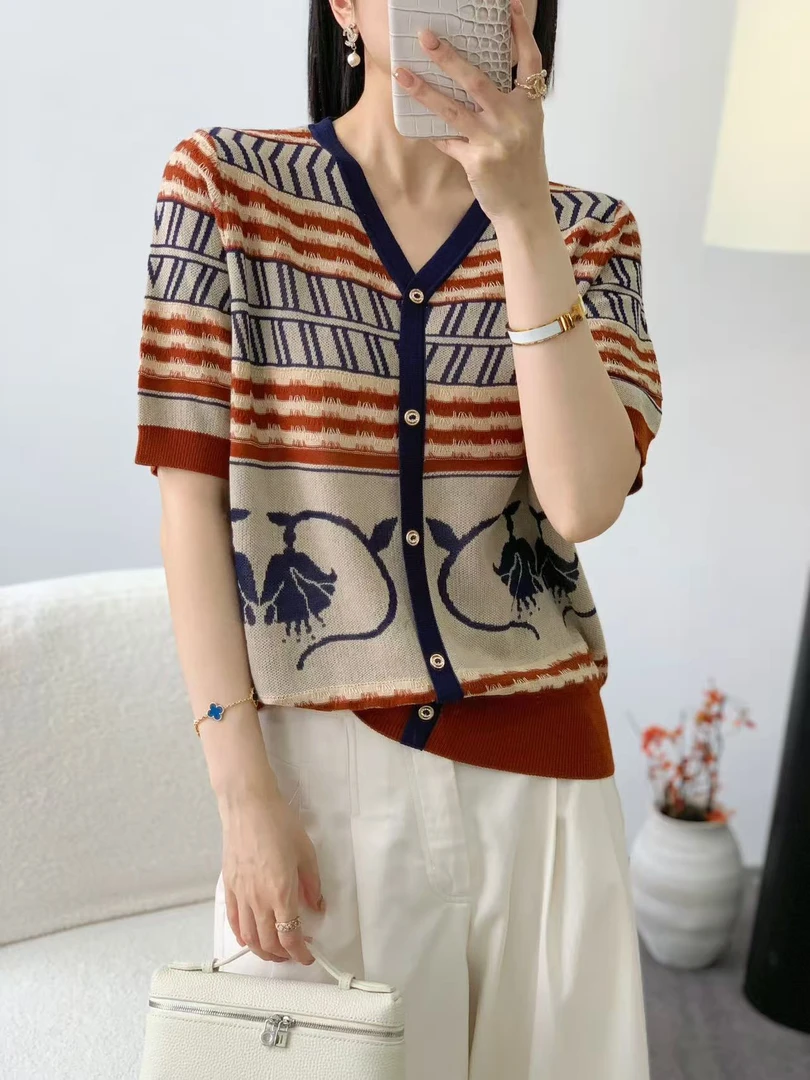 【复古港式】100莱赛尔撞色提花针织V领短袖宽松针织衫女NY270