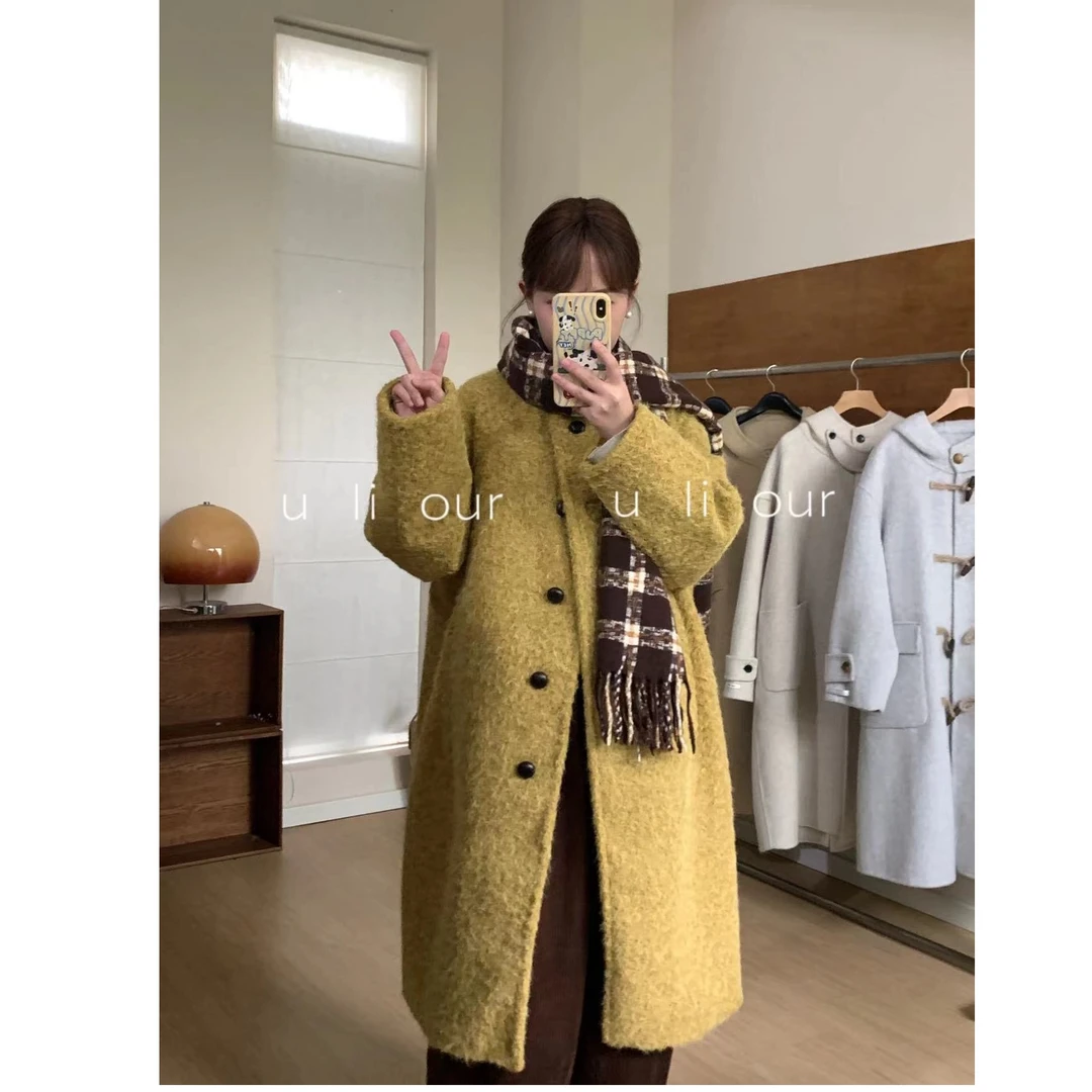 【鬼马少女】宽松时尚经典直筒温暖复古色慵懒大衣