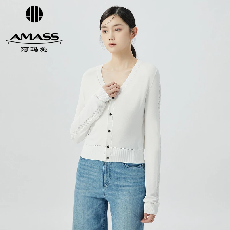 AMASS/阿玛施小香风简约新款冰凉舒服纯色V领针织开衫外套5499220