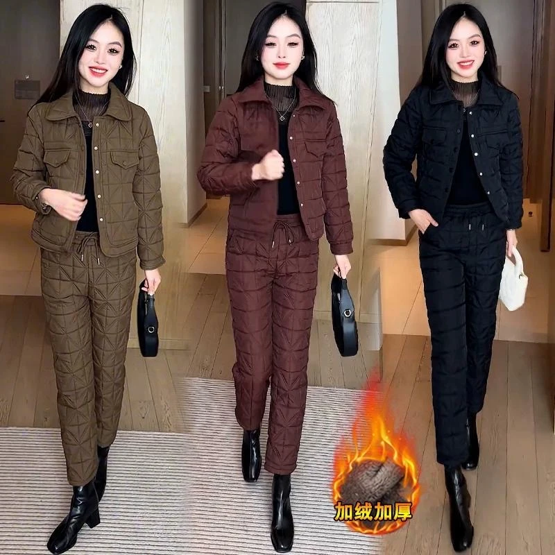 加绒加厚套装入冬漂亮衣服潮牌女装洋气显瘦菱形格棉衣棉裤两件套