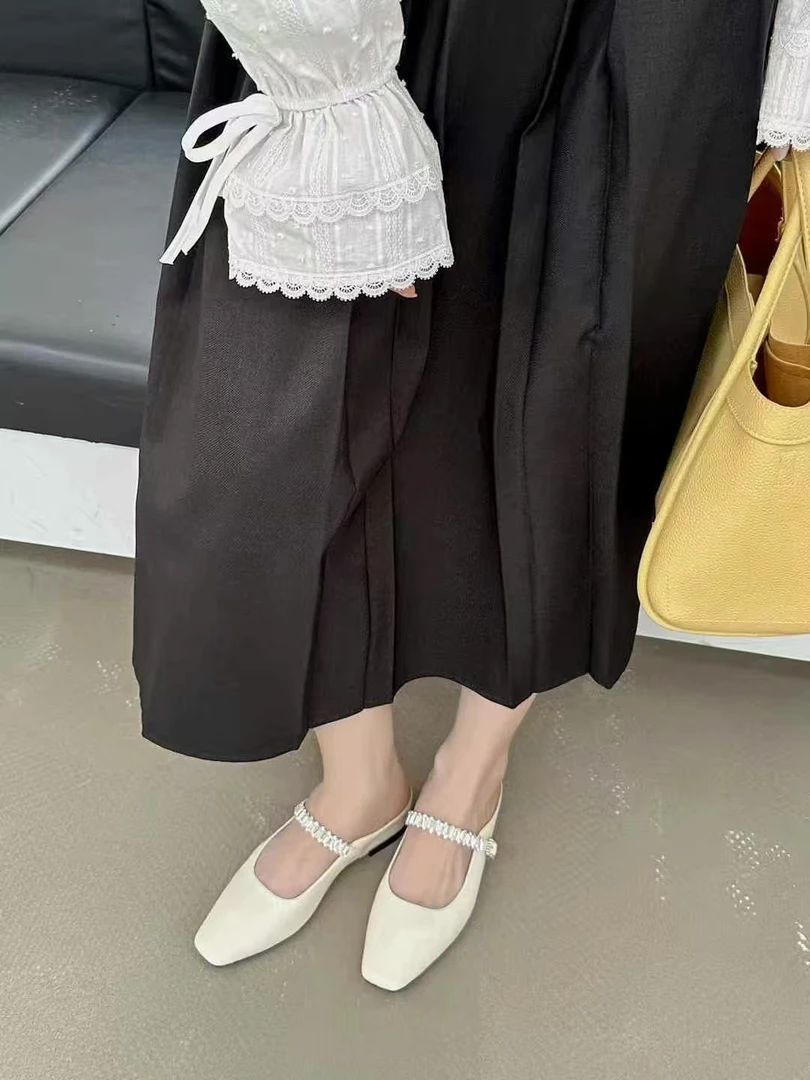 粗跟温柔法式时尚包头拖包头内增高流浪丹宁钻