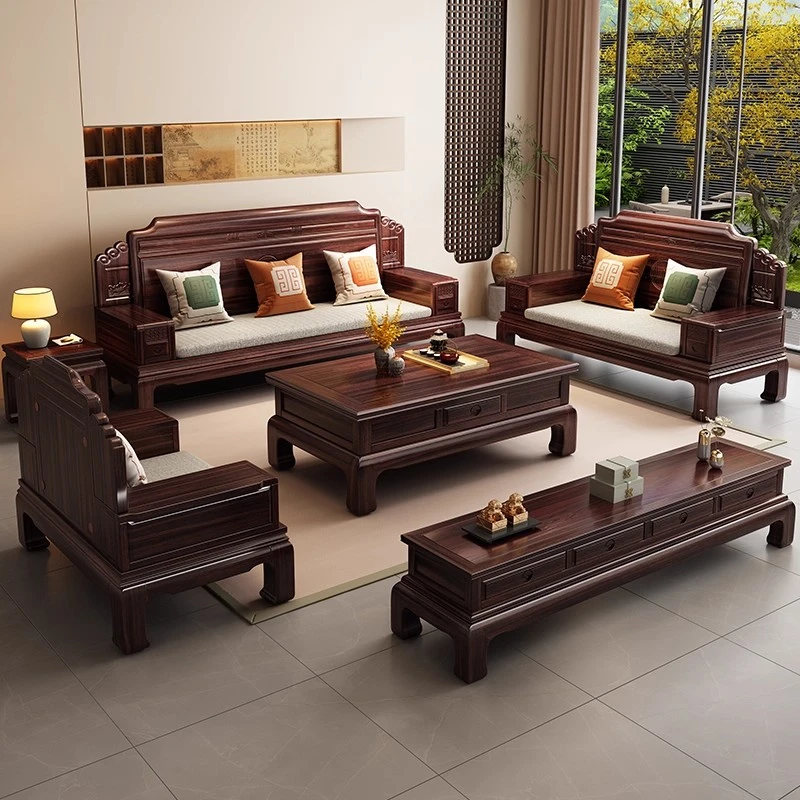 【936】新中式古典菠萝格木大小户型组合客厅雕花仿古成套实木沙发