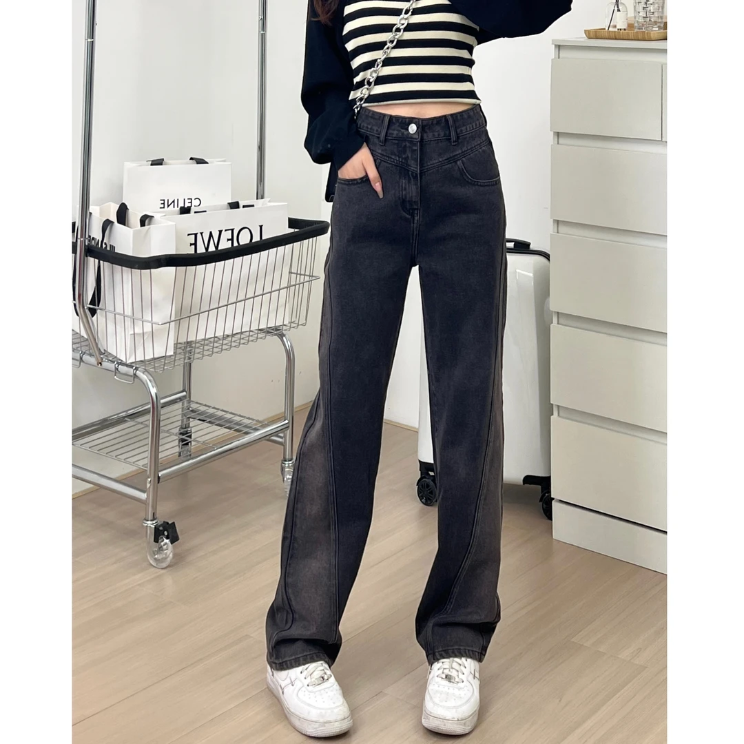 极简秋冬高腰休闲黑灰遮胯阔腿显高牛仔裤新款显瘦宽松百搭裤子