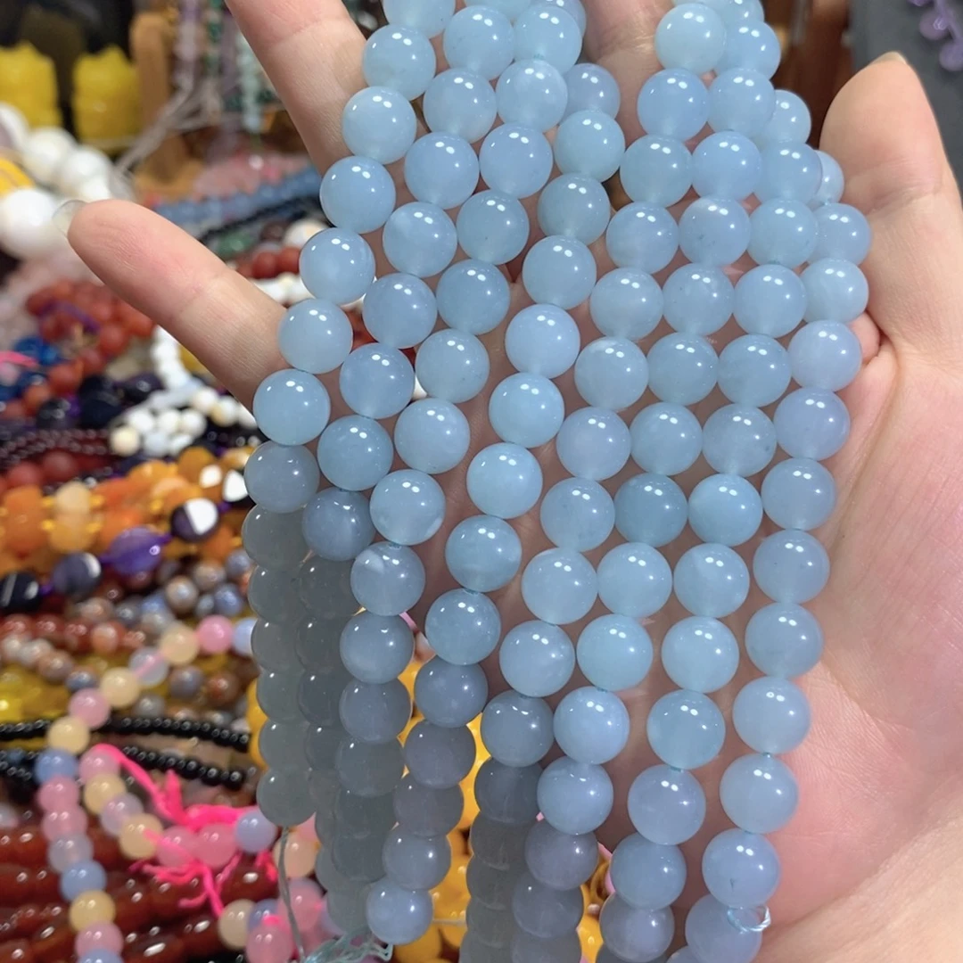 玛瑙/玉髓未镶嵌珠宝半成品海蓝玉髓一条卡10mm