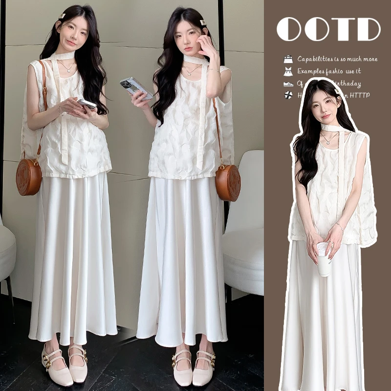 孕妇2025夏新款时尚气质无袖上衣搭配托腹绸缎半身裙显瘦孕妇套装