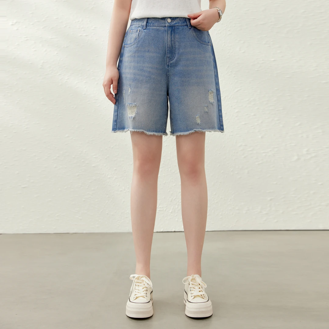 潮流个性磨烂破洞牛仔短裤】纤莉秀E大码女装时髦百搭显瘦QK2284
