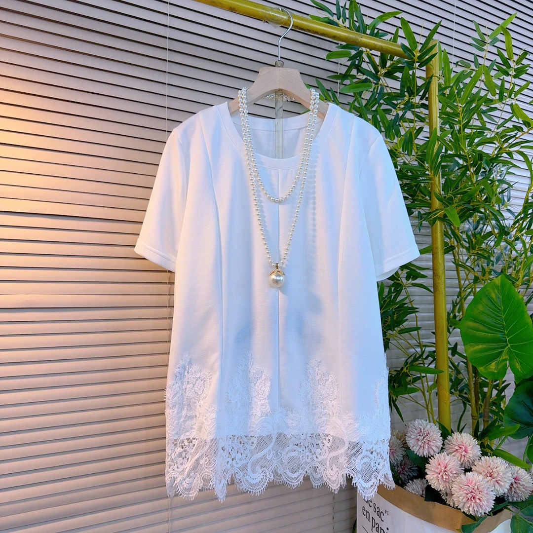 2787胖妹妹欧货时尚纯色设计感拼接不等式蕾丝花边洋气显瘦百搭衫