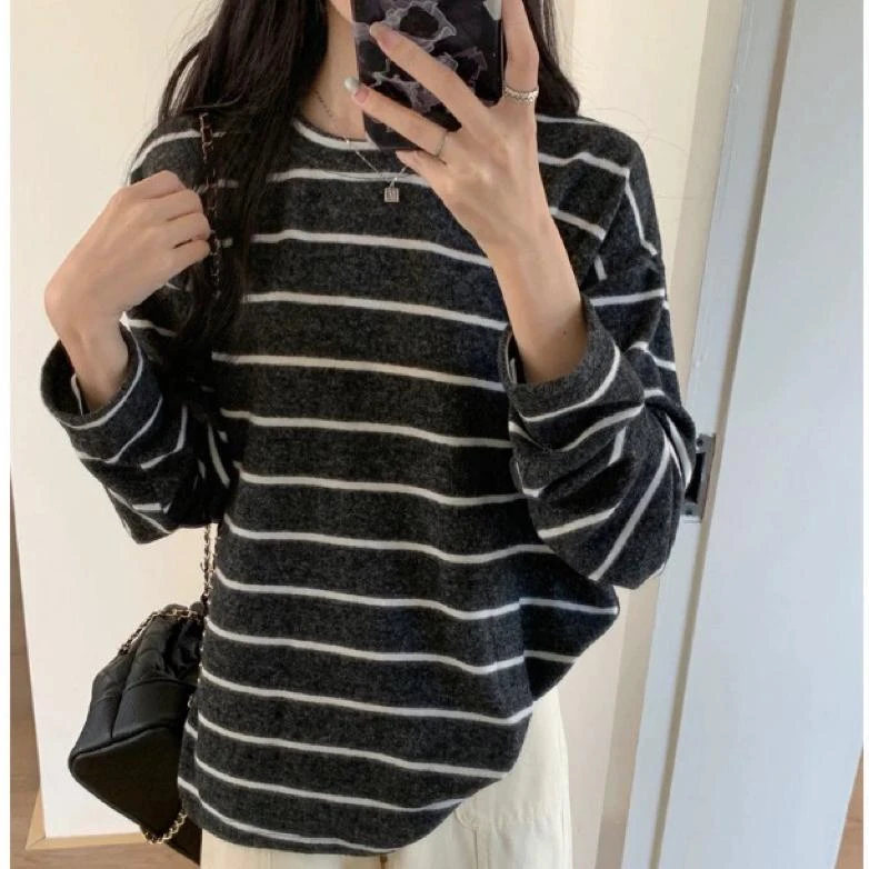 中长款磨毛条纹长袖t恤内搭打底衫女2025新款秋冬超好看宽松上衣