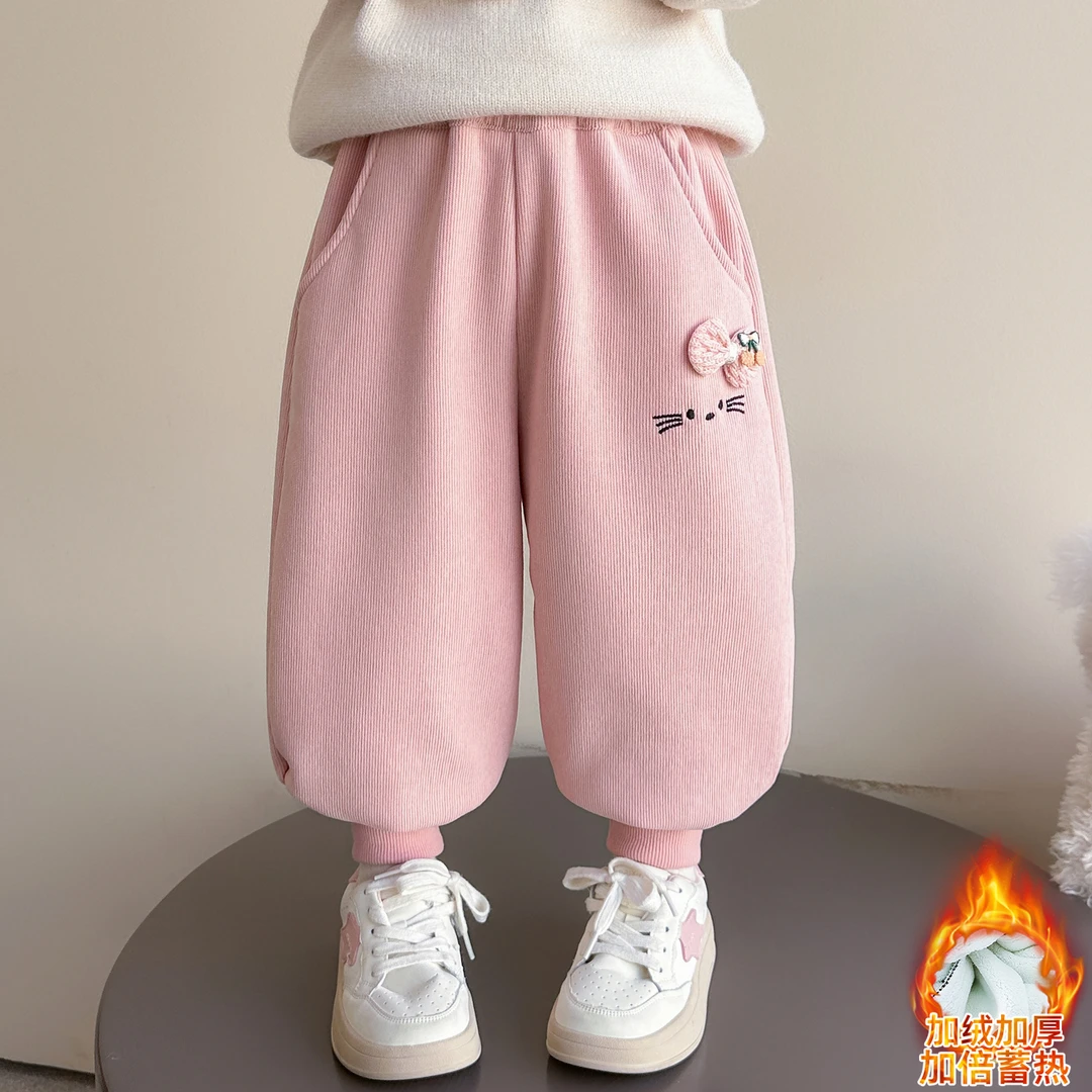 女童猫咪加绒裤子秋冬季卫裤儿童加厚束脚裤宝宝洋气保暖哈伦裤潮