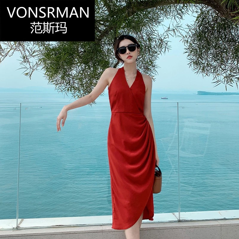 卓卡缇v领度假裙沙滩裙海边吊带女夏修身气质连衣裙