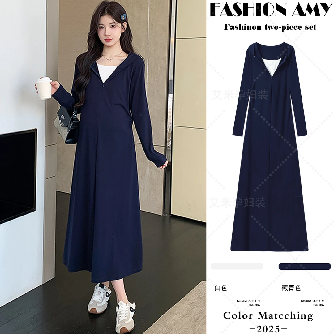 孕妇连衣裙早秋新款时尚韩版气质宽松大码连帽休闲褶皱显瘦裙子