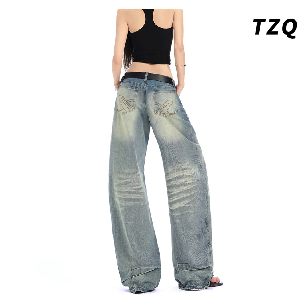 复古水洗低腰阔腿牛仔裤女秋猫须设计感宽松显瘦拖地裤TZQ2580912