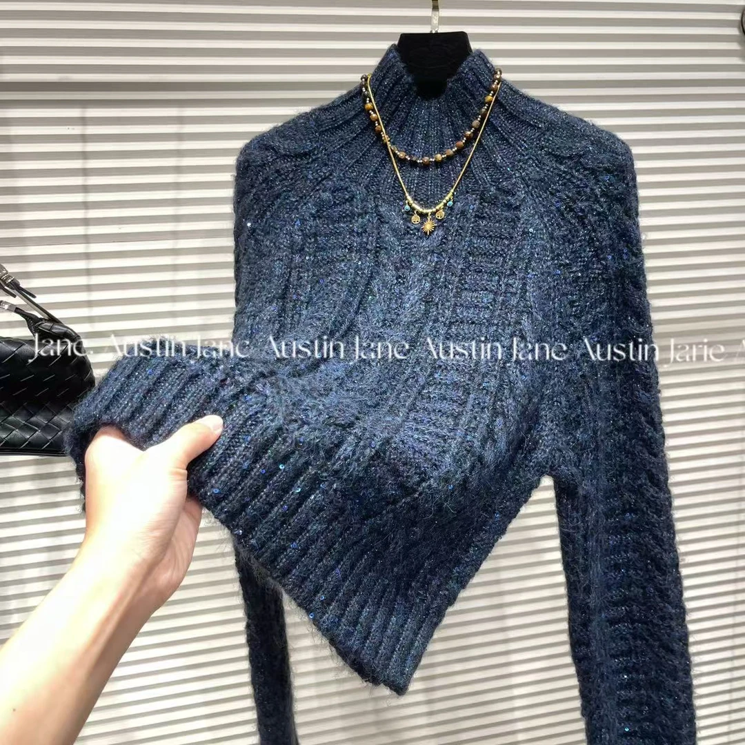 Jane Austin -7组（琥珀秋蓝色）2025新款秋冬中高翻领长袖针织衫