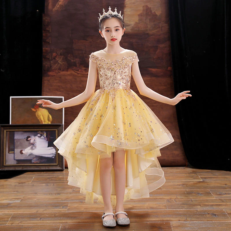 金色儿童礼服公主裙女童高端主持人钢琴演奏花童演出服蓬蓬纱超仙