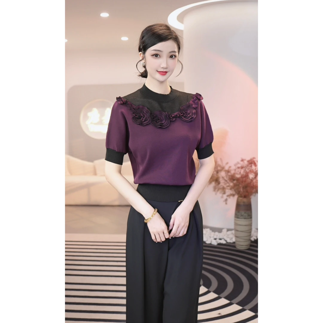 现货2025夏季新款【QQ-1009】曲珠冰麻紫色宽松休闲冰丝针织小衫女